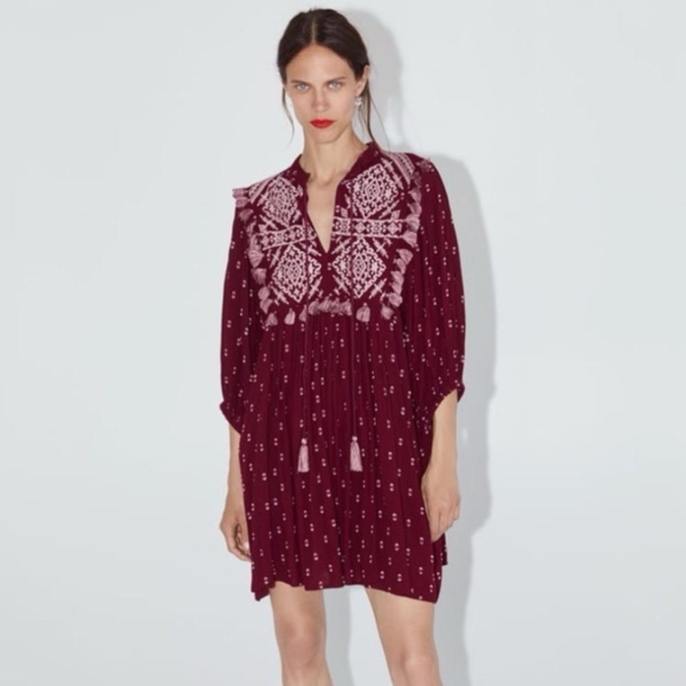 Zara Maroon Dress with White Embroidery